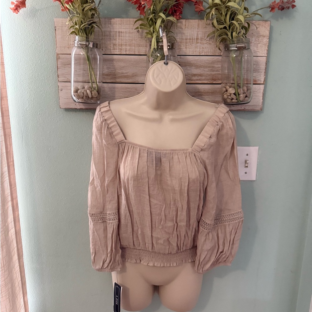 A. Byer Tan Blouse with Lace Accents